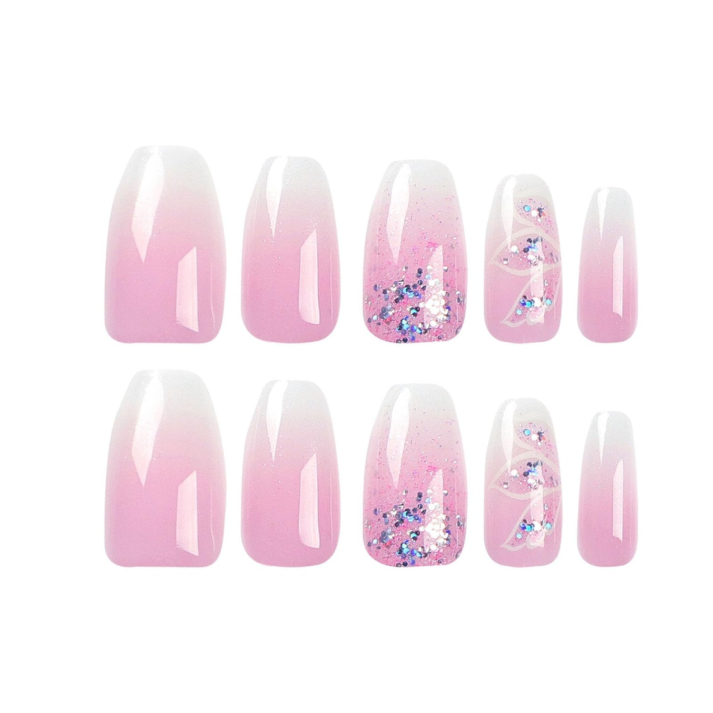 Short Press Coffin False Nails with Silver Glitter Gradient Designs - Light Pink Full Cover Acrylic Nails - Glossy Leaf Design Stick On Nails for Women - 24 Pcs