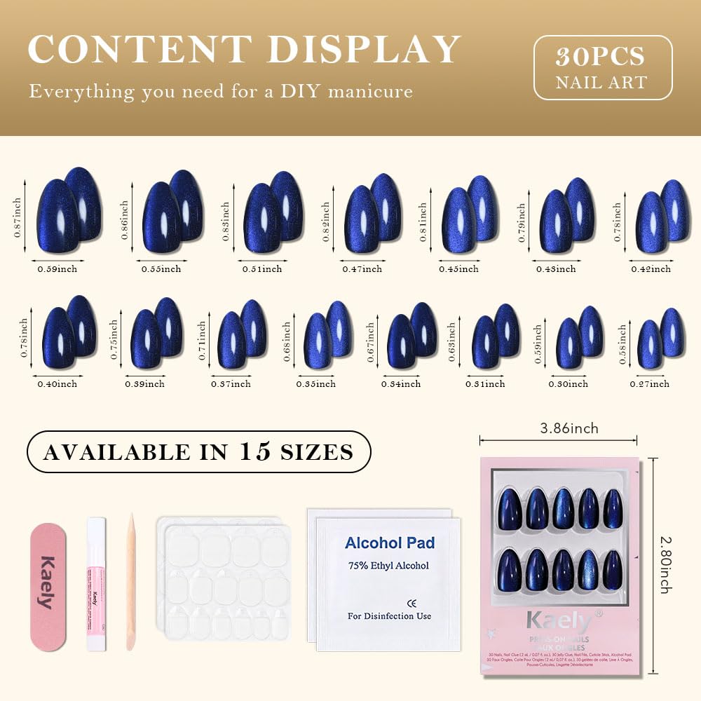 evpct Dark Blue Press on Nails Almond Short, Royal Blue Cat Eye Glitter Press on Nails for Women Gift, Soft Gel Press Stick on Nail with Nail Kit, Full Cover, 30Pcs Reusable Acrylic Fake Nails Kit