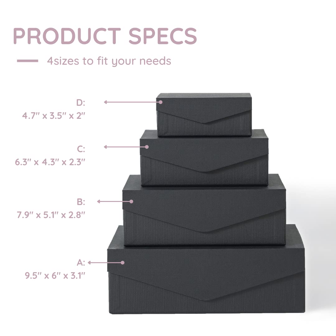 Soul & Lane Black Decorative Boxes with Magnetic Lids – Set of 4, Small Reusable Cardboard Gift Boxes for Presents, Nesting Hinged Lid Storage, Paper Mache Set with Magnetic Closure