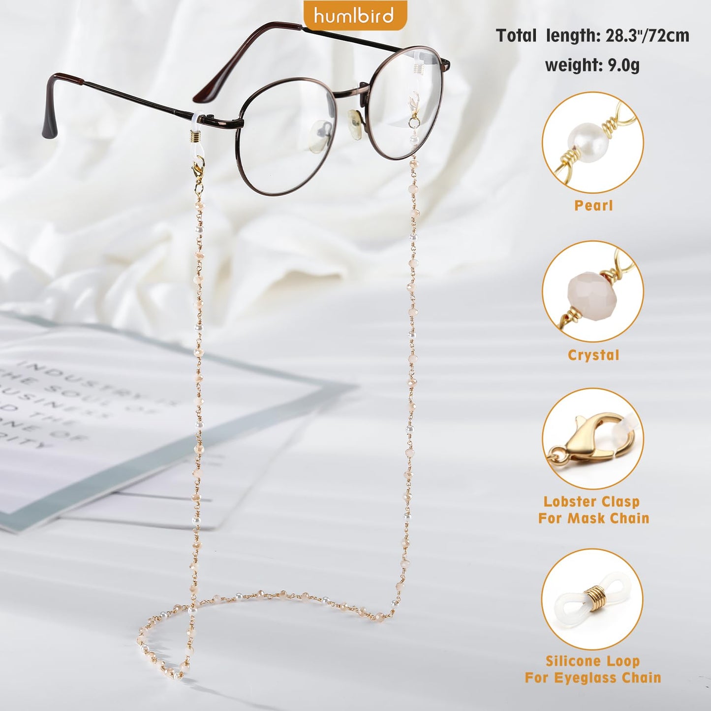 humlbird Eyeglasses Chain for Women Stylish Mask Lanyard Natural Crystal Mask Chain Eye Glasses Holder Strap Around Neck