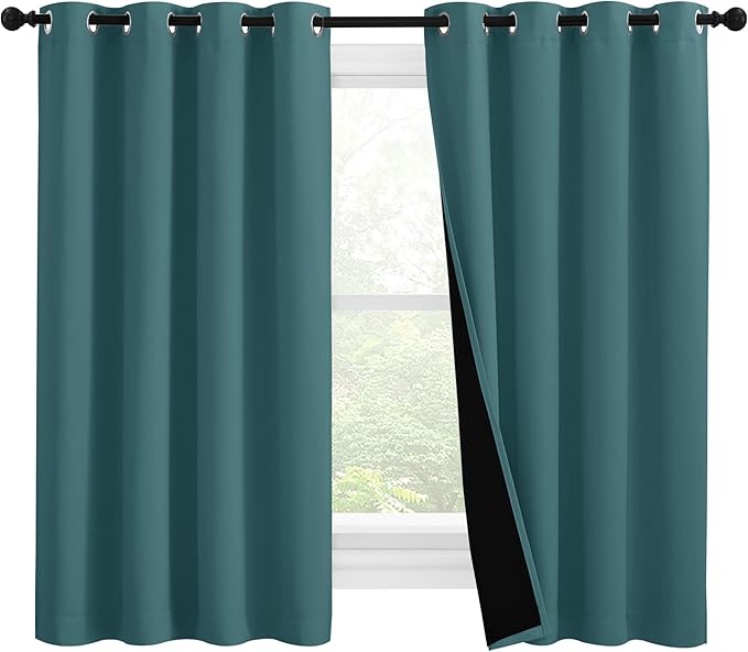 NICETOWN 100% Blackout Curtains with Black Liners, Thermal Insulated 2-Layer Lined Drapes, Room Warming Small Window Draperies for Dining Room (Sea Teal, 2 Panels, 55 inches W by 57 inches L)