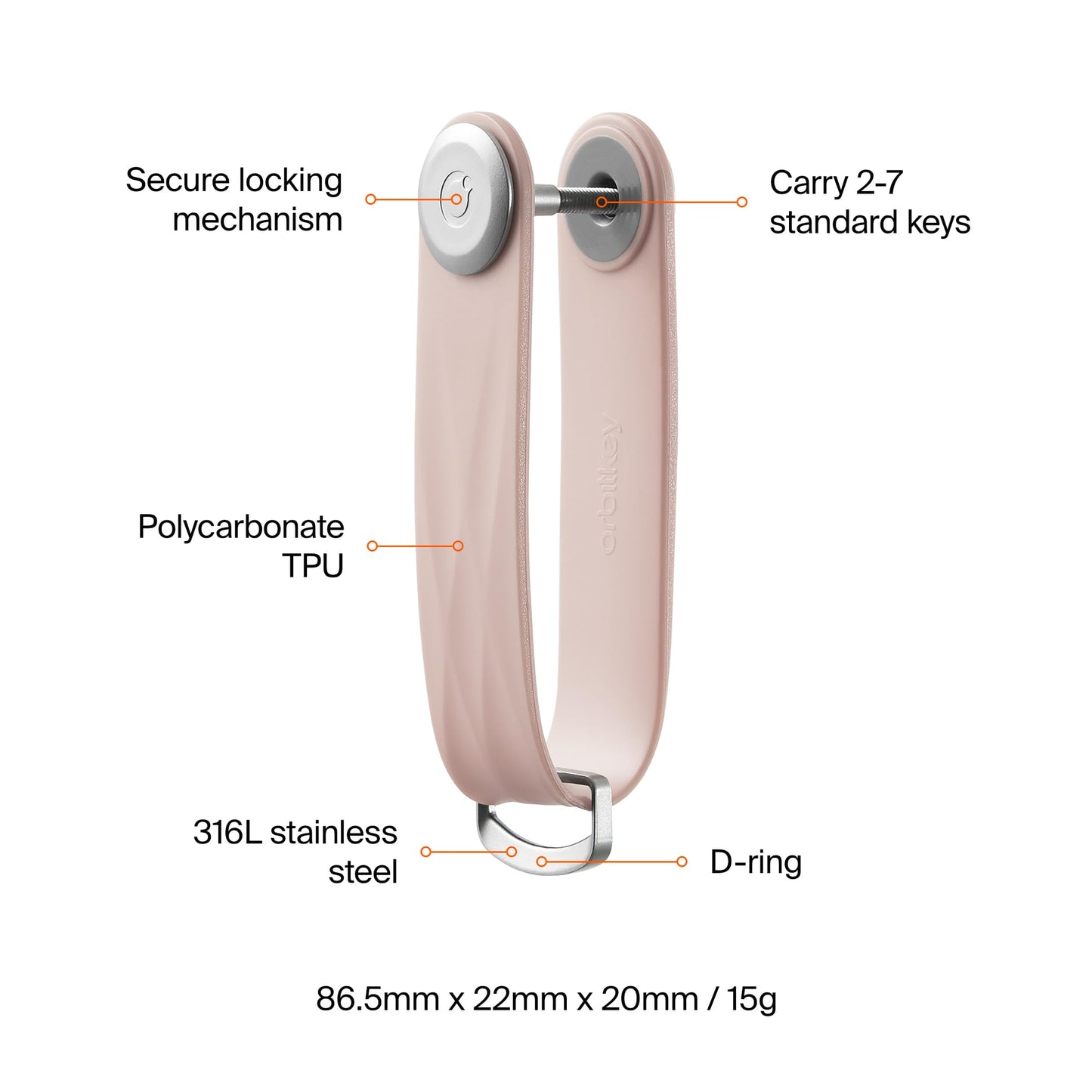 Orbitkey Active Key Organizer Lite – Durable Holder with Elastic Polymer Band, Carabiner Ring & Secure Locking Mechanism – Slim Pocket-Friendly Keychain for Everyday Carry & Travel (Dusty Pink)