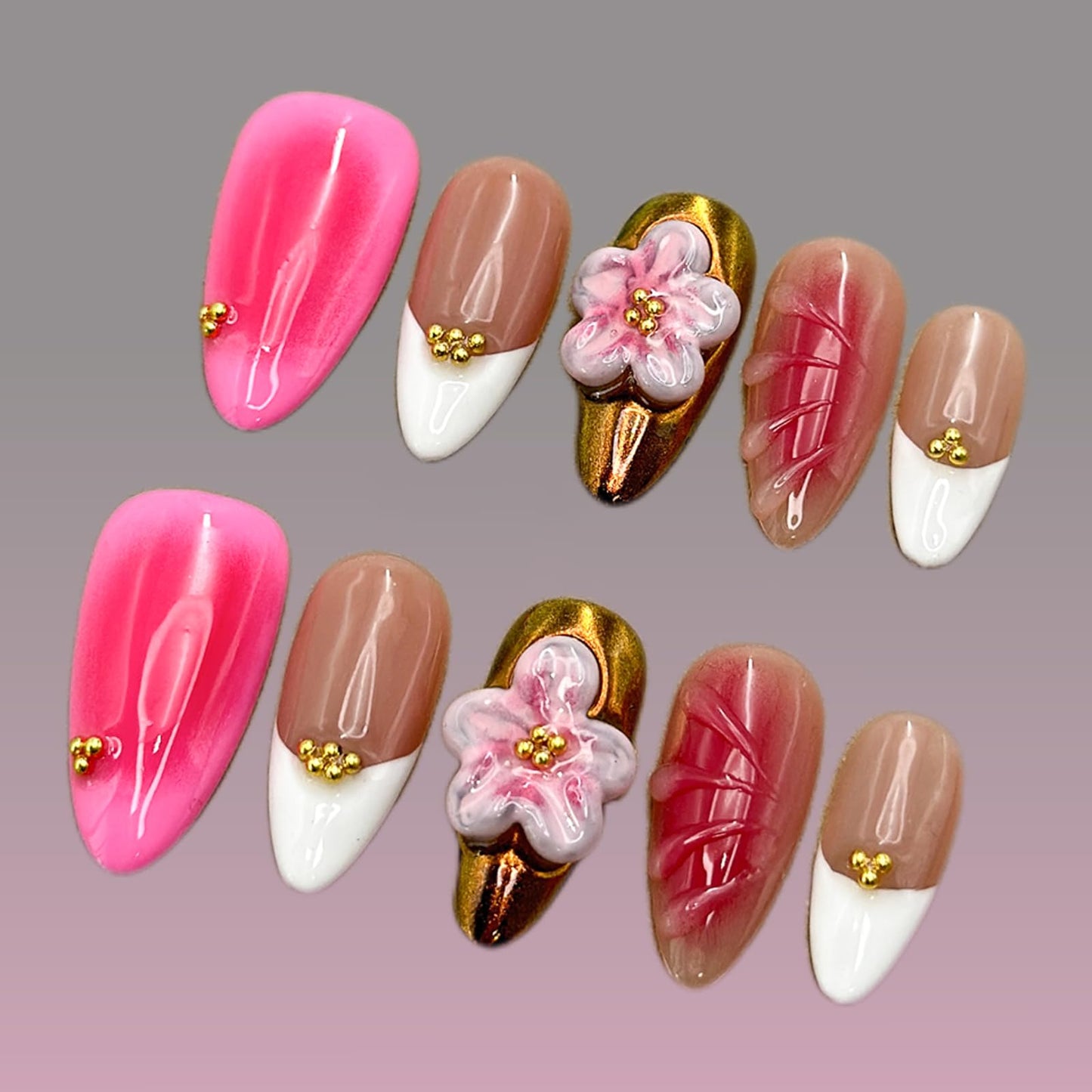 Luxury Press on Nails Medium Almond Handmade 3D Unique Reusable ABS Material Fake Nails White French Tip False Nails with Designs Pink Flower Art Petal Glossy Glue on Nails Thick Acrylic Nails(M)