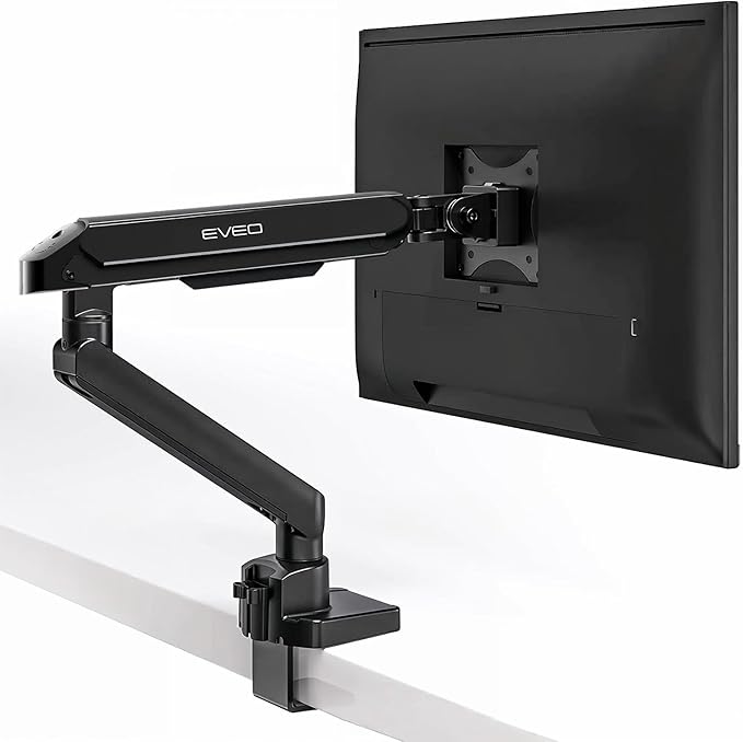 EVEO Premium Single Monitor Arm 14"–34", Adjustable Gas Spring Monitor Mount, Single Arm Desk Mount for 34 Inch Computer Screens, VESA Compatible Stand with Clamp and Grommet Base – Black