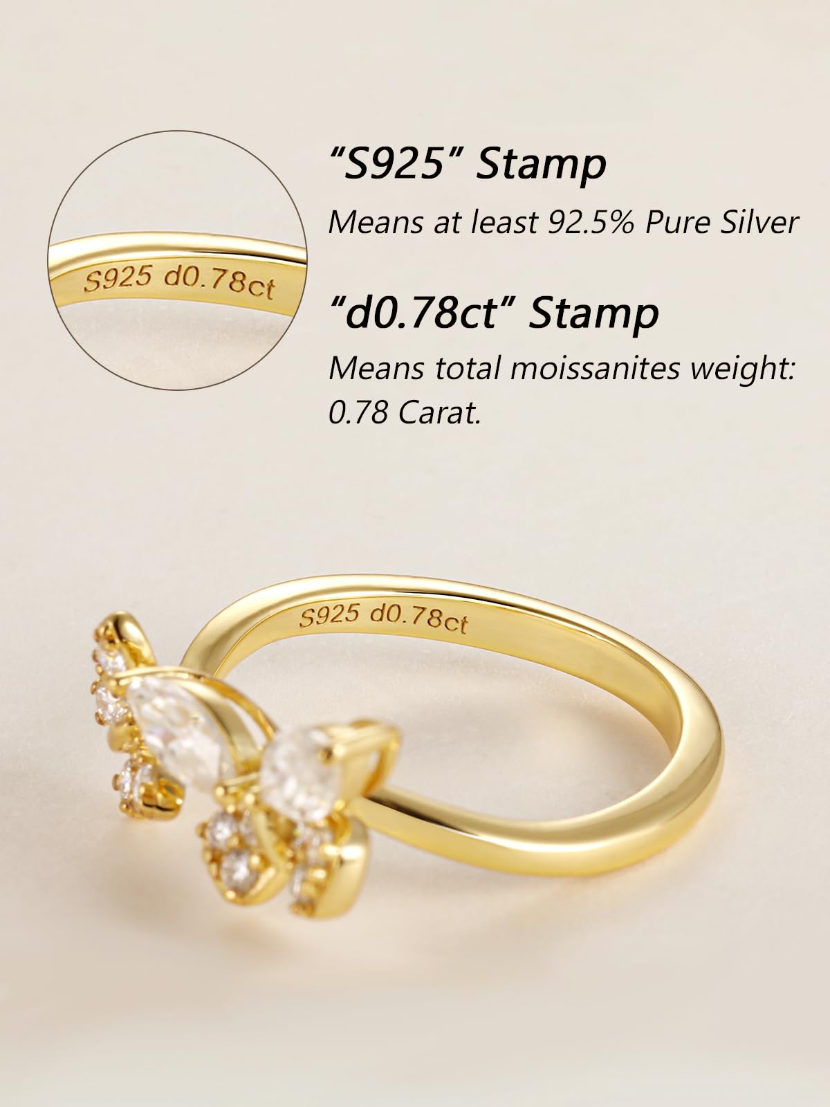 CYW Moissanite Butterfly Gold Ring 925 Sterling Silver Adjustable Womens Stacking Open Rings Size 9
