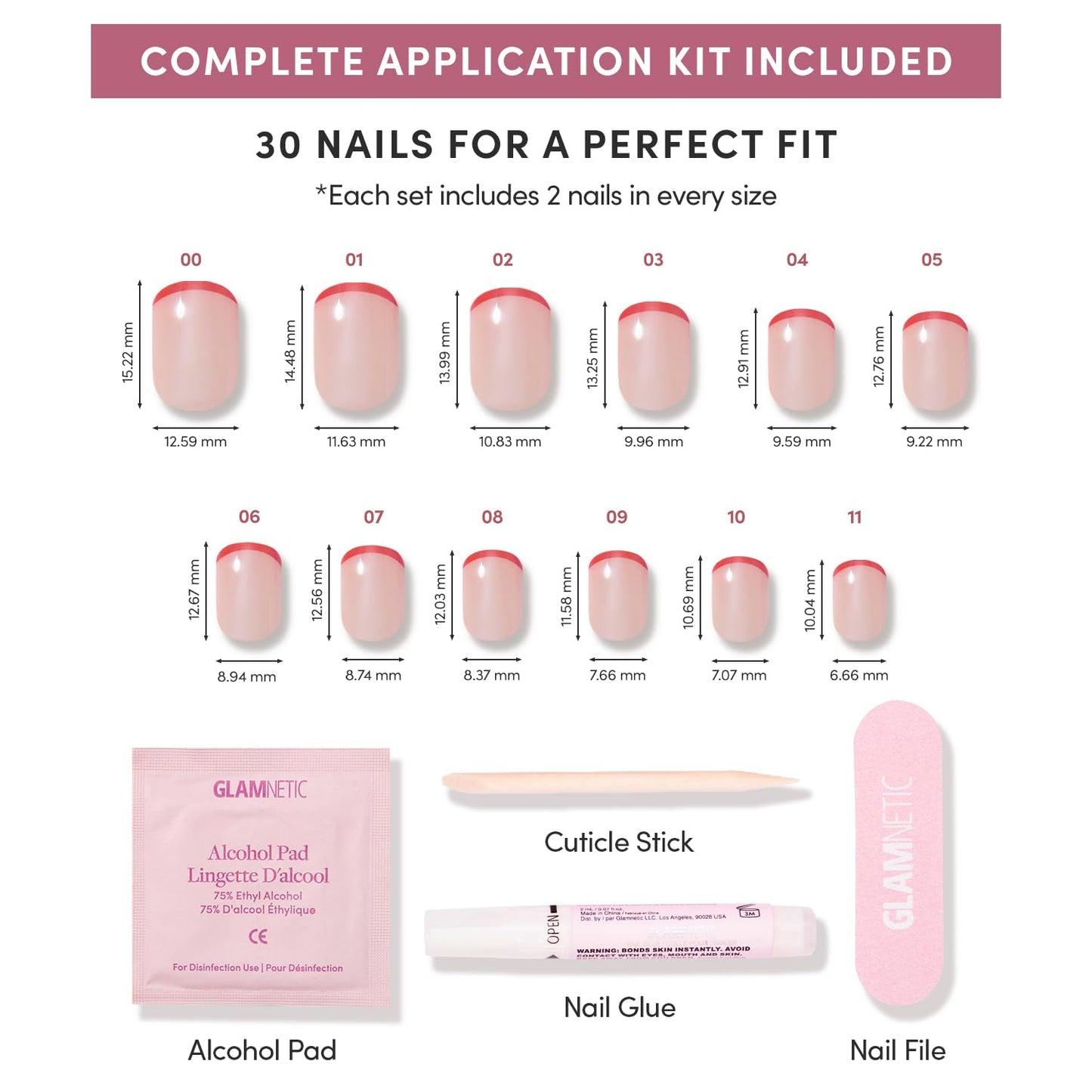 Glamnetic Press On Nails - Hotline Red | Super Short Fake Nails in Fiery Red French Tips on Semi-Transparent Base in a Glazed Finish | 15 Sizes - 30 Nail Kit with Glue