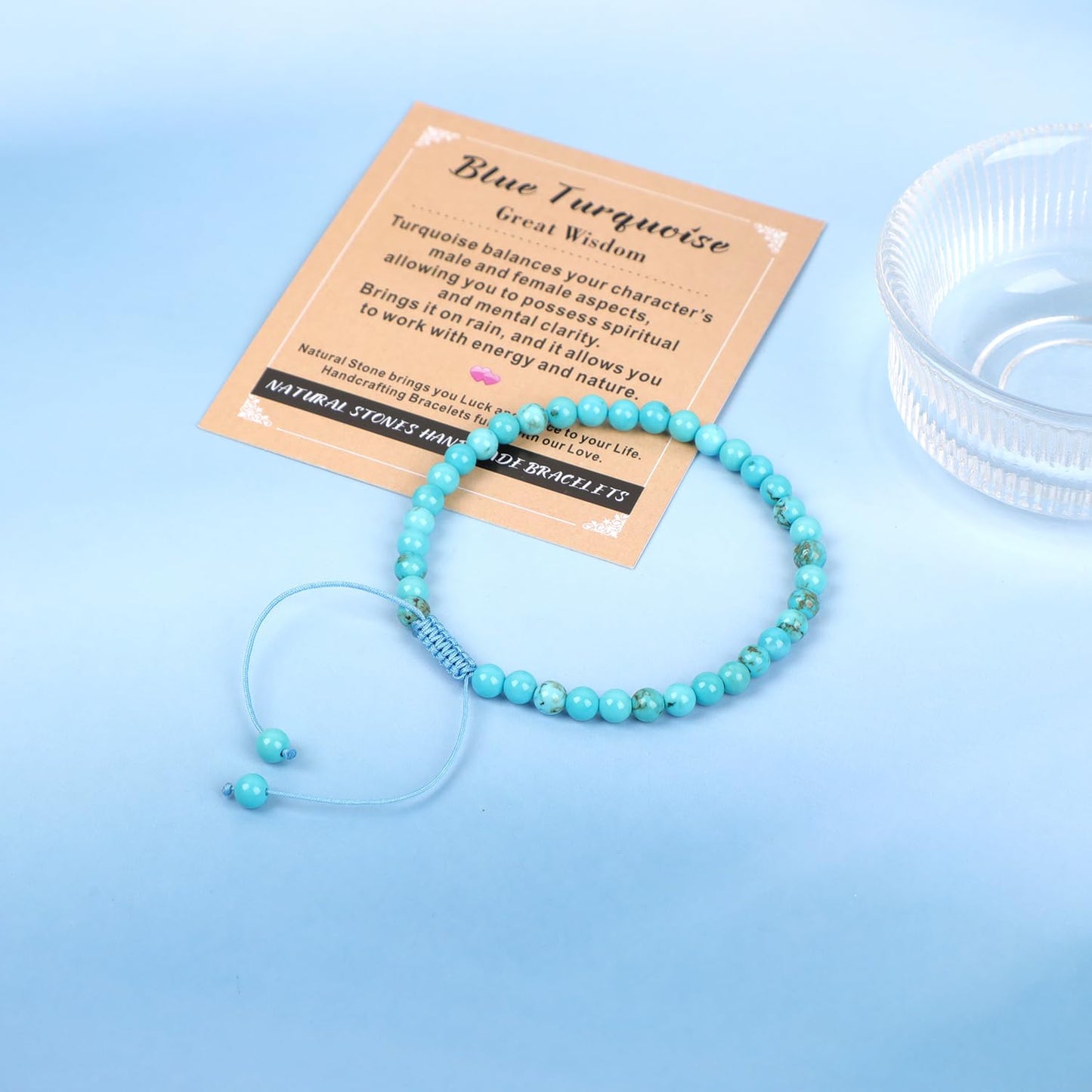 AD Beads 4mm Blue Turquoise - Wisdom - Handmade Natural Stone Crystal Bracelet with Adjustable Macrame String - Yoga Healing Power Energy Gifts for Men and Women