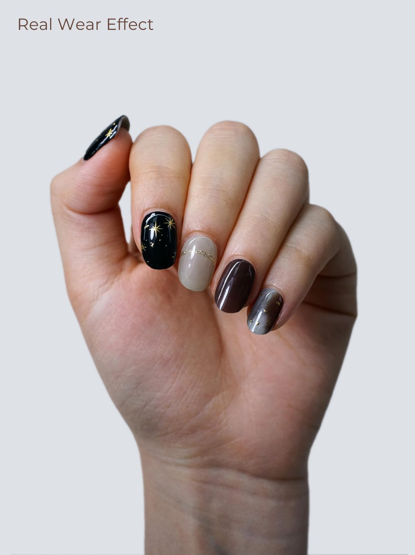 Beaolata Real Gel Nail Strips (No UV Light Needed) - 44Pcs Salon Quality Nail Stickers - Long Lasting Polish Wraps for Women, Easy Apply & Remove (Twilight Galaxy Black)