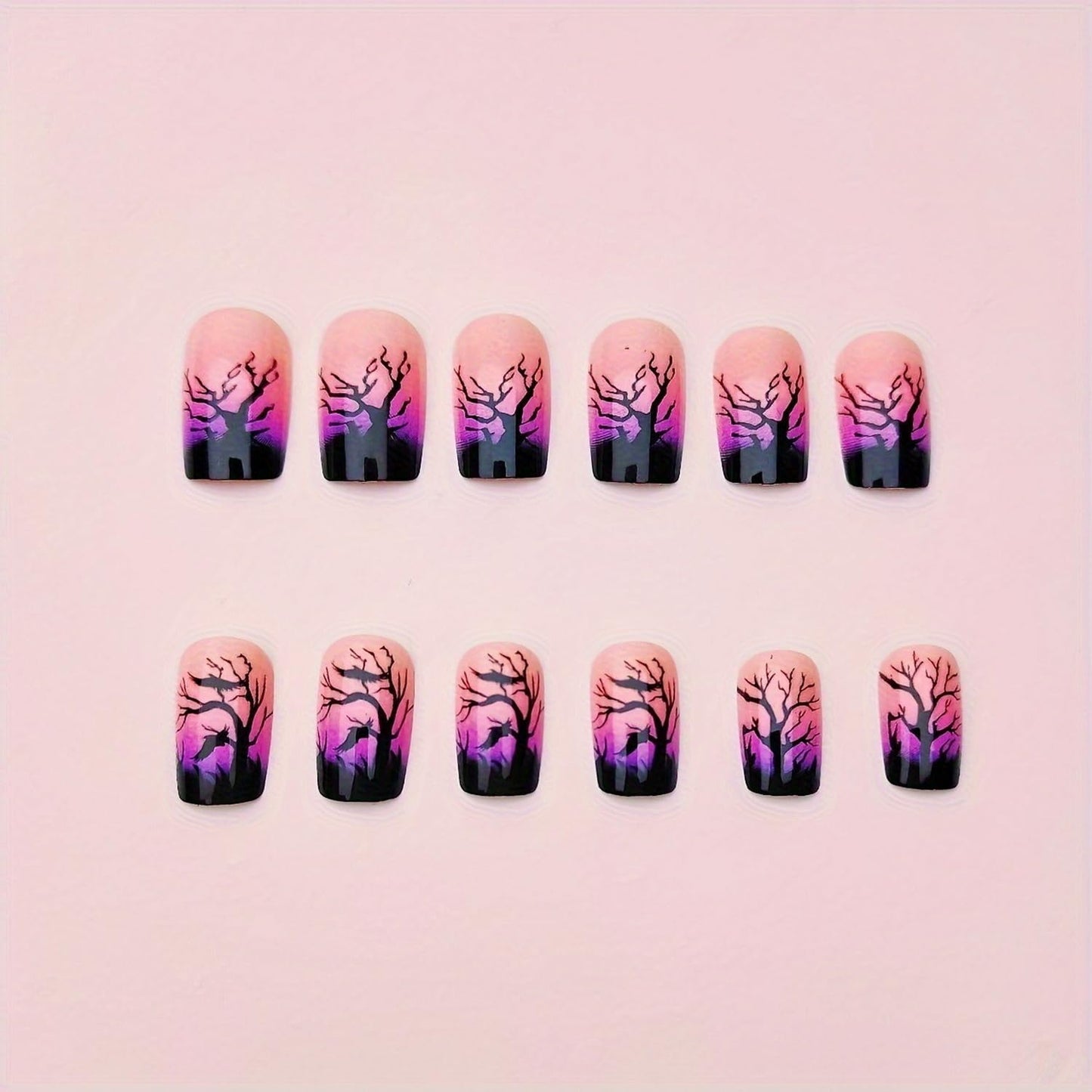 Halloween Press on Nails Purple Glitter Gradient Fake Nails with Black Withered Tree Designs Full Cover Glossy Short Square Stick on Nail Halloween Artificial Acrylic False Nail for Women 24 Pcs