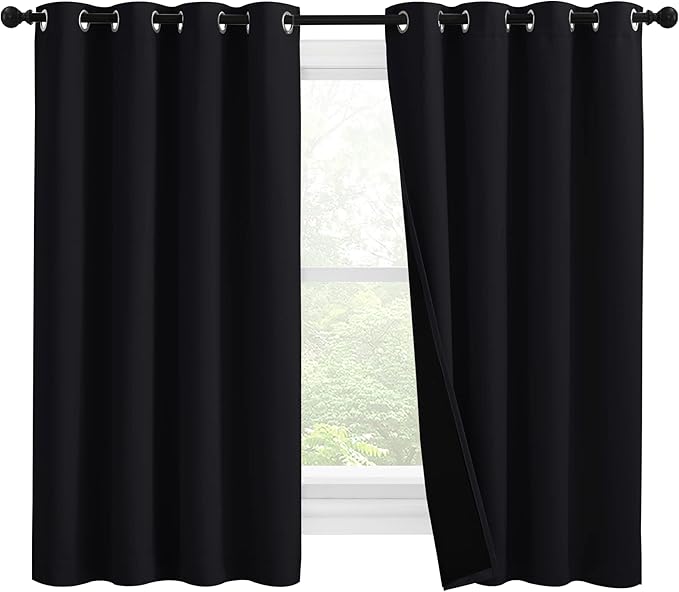 NICETOWN Truly Blackout Curtains 57 inches Length, 2 Thick Layers Completely Blackout Window Treatment Thermal Insulated Lined Drapes for Basement Window (Black, 1 Pair, 55 inches Width Each Panel)