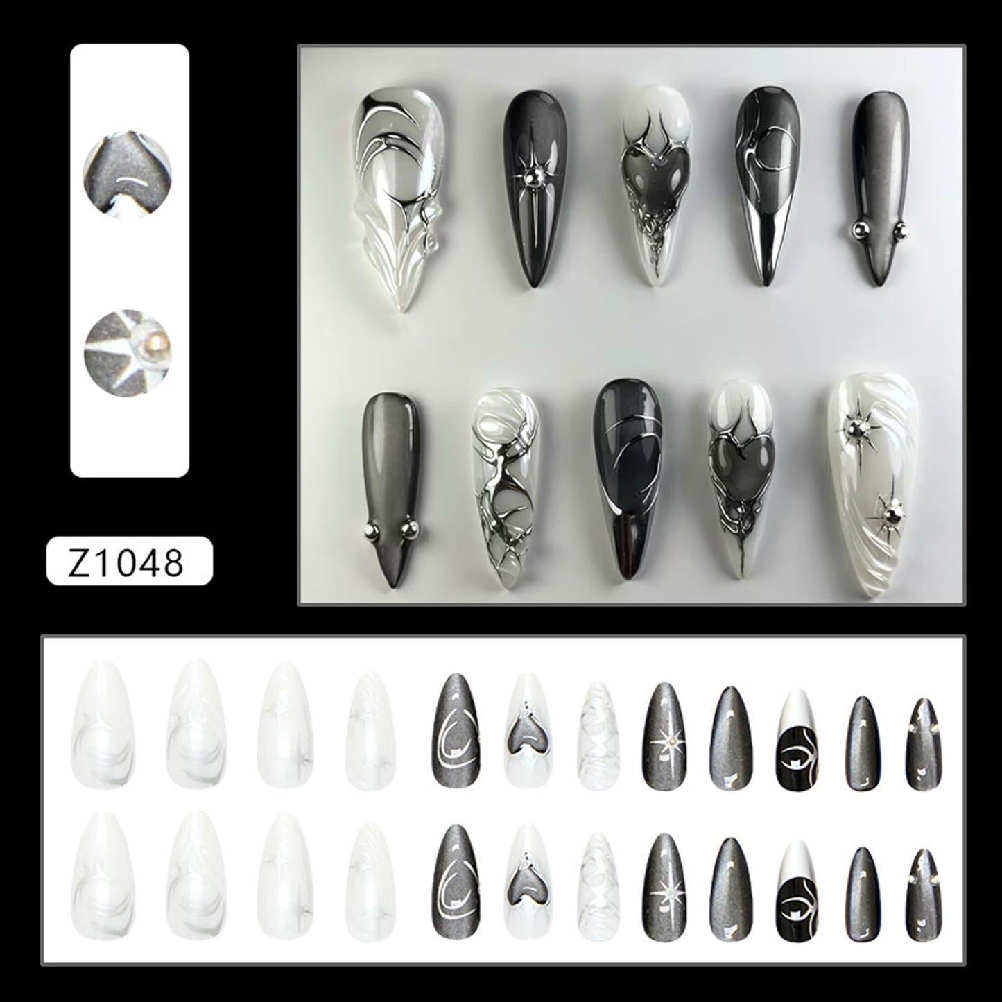 Black Press on Nails Medium Length Almond Fake Nails Silver Sparkling Star Gothic Dark Black Style Press on Full Cover Glossy Acrylic Nails Stick on Nails Nails Art Decoration for Women 24Pcs
