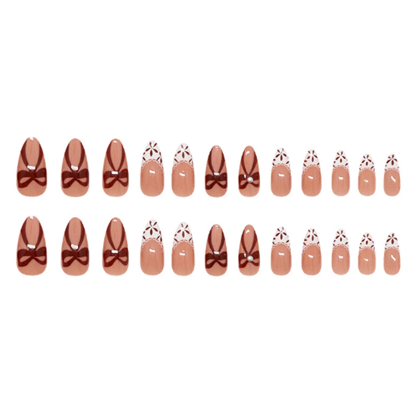 Hkanlre Ballet Press on Nails Almond Full Cover False Nails Red Bow Fake French Nails Medium for Women 24PCS