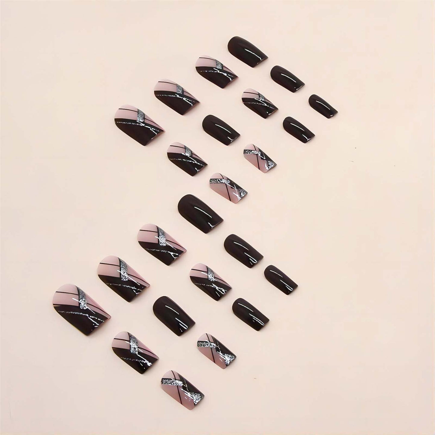 RUOKEXIN Acrylic Press on Nails, 24 Pcs Medium Square Fake Nails with Glue, Wine Red Designs, Glitter Lines, Holiday Nails