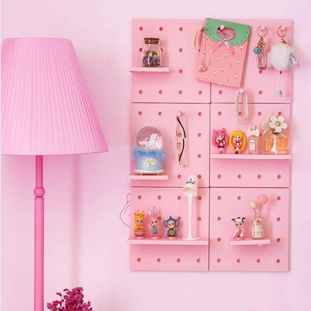HGYZE Peg Boards for Wall with Shelf & Hooks, No Punching Craft Storage, Small Pegboard Ledges Organizer for Hanging Keychains, 4 Pack Decorative Wall Panel Kits for Blindboxes Lightweight Dolls, Pink