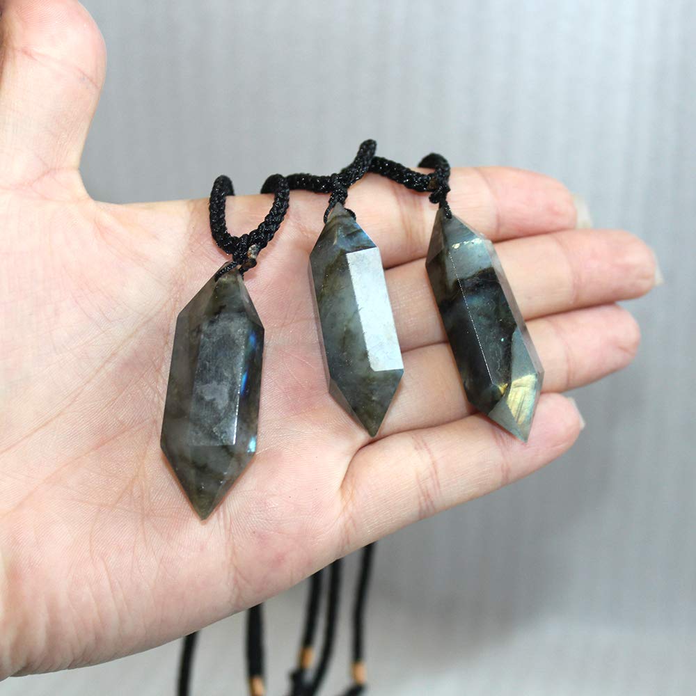 Runyangshi Labradorite Healing Crystal Pendants, Double Pointed Natural Crystal Quartz Necklace 6 Faceted Chakra Crystal Wand Stone