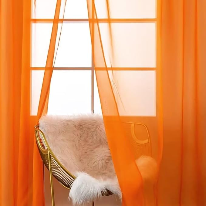 SpaceDresser Basic Rod Pocket Sheer Voile Window Curtain Panels Orange 1 Pair 2 Panels 52 Width 36 Inch Long for Kitchen Bedroom Children Living Room Yard（Orange, 52W x 36L）