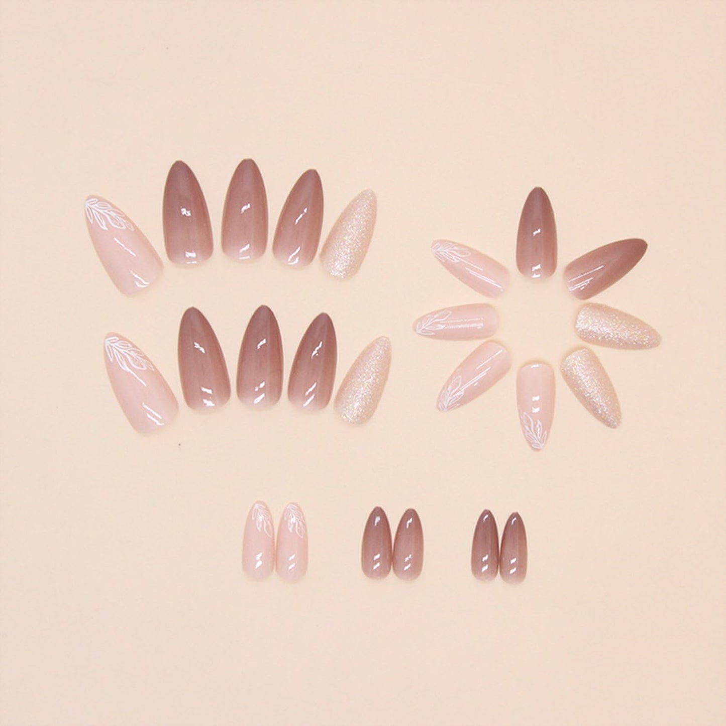 Tyuimhx 24Pcs Medium Almond Press on Nails Nude Fake Nail With Leaf Designs Glitter False Nails Glossy Full Cover Stick on Nails Acrylic Reusable Artificial Glue on Nail for Women