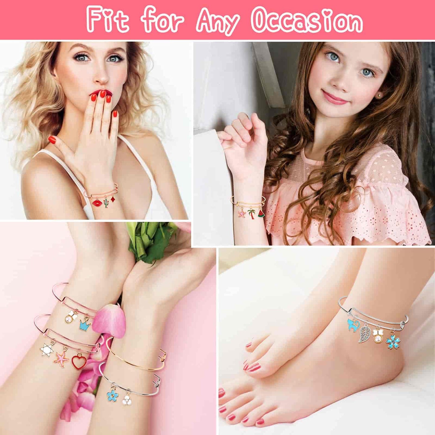 Thrilez 300Pcs Charm Bangle Bracelets Making Kit with Expandable Bangles, Charms, Jump Rings and Pliers for Jewelry Making Bangle Bracelets (with Gift Box and Tools)
