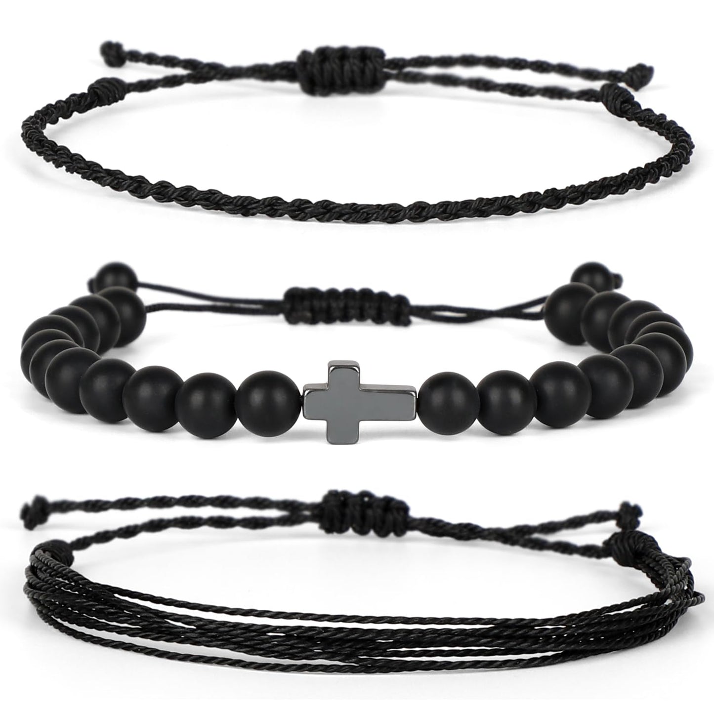 QOGIR Handmade Healing Bracelets,8mm Natural Matte Black Onyx Cross Beaded Bracelet for Men Women Gifts with 2PCS Size Adjustable Rope Bracelets