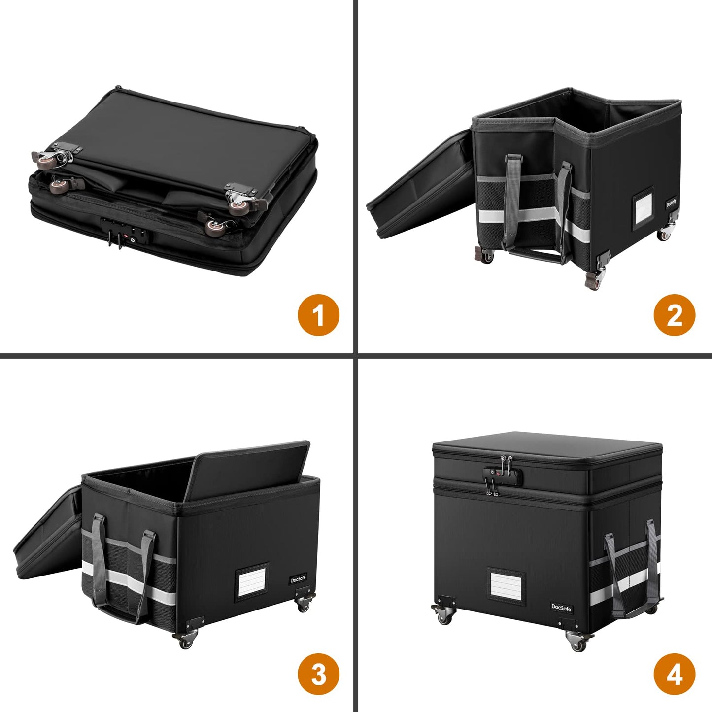 DocSafe Fireproof Document Box with Lock,2-Layer File Box with Wheels,Collapsible File Storage Organizer with Pockets,Large Portable Home Filing Cabinet for Hanging Folders,Black,16''x13.8''x12.2''