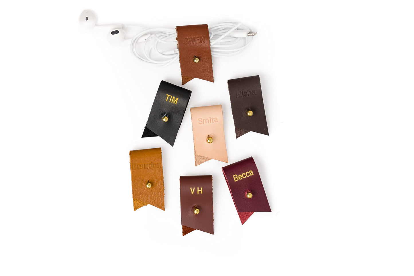 Keyaiira - Personalized Leather Cable Holder with Gold Closure - laptop charging cord keeper customized wire organizer monogram gift ideas tech and travel accessories earbud holder stocking stuffer