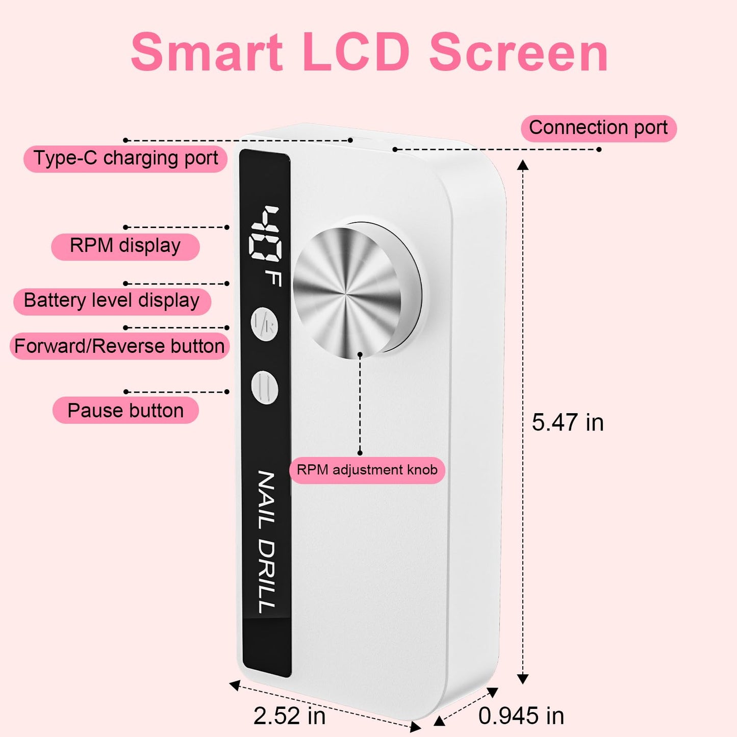 Professional Electric Nail Drill 40000RPM for Salon Home Use, Rechargeable Nail File Machine Kit with 12PCS Bits for Acrylic Gel Nails, Portable Efile Manicure Pedicure Tool (White)