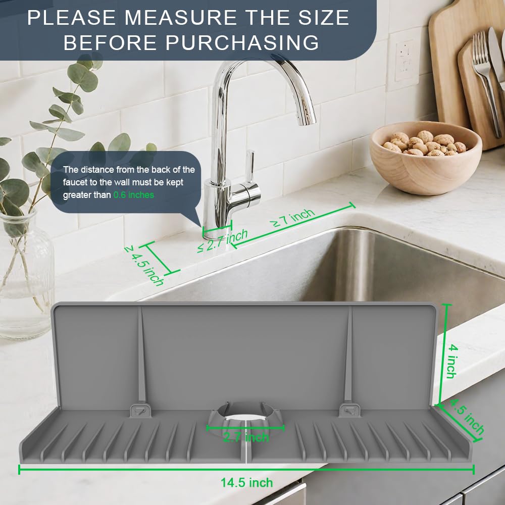 Silicone Faucet Drip Catcher Tray Mat - Upgraded Design - Sink Backsplash Guard Behind Faucet, Silicone Faucet Mat for Dish Soap Sponge Holder, Kitchen Counter Bathroom Kitchen Sink Splash Guard -Grey
