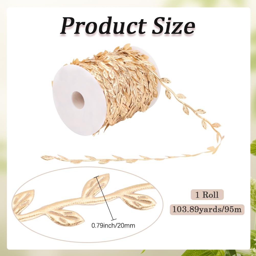 CABODYALS 100 Yards Gold Leaves Trim Rope Ribbon Artificial Metallic Glitter Golden Leaf String Vine Spool Decorative Garland Fabric Ribbons Bulk for Sewing Making Gift Wrapping Wreaths Wedding Crafts