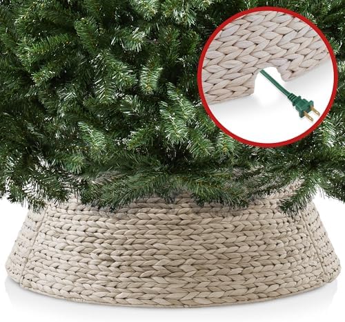 Casafield 42-Inch Christmas Tree Collar, Woven Water Hyacinth Tree Base Cover with Cord Cut Out, Whitewash