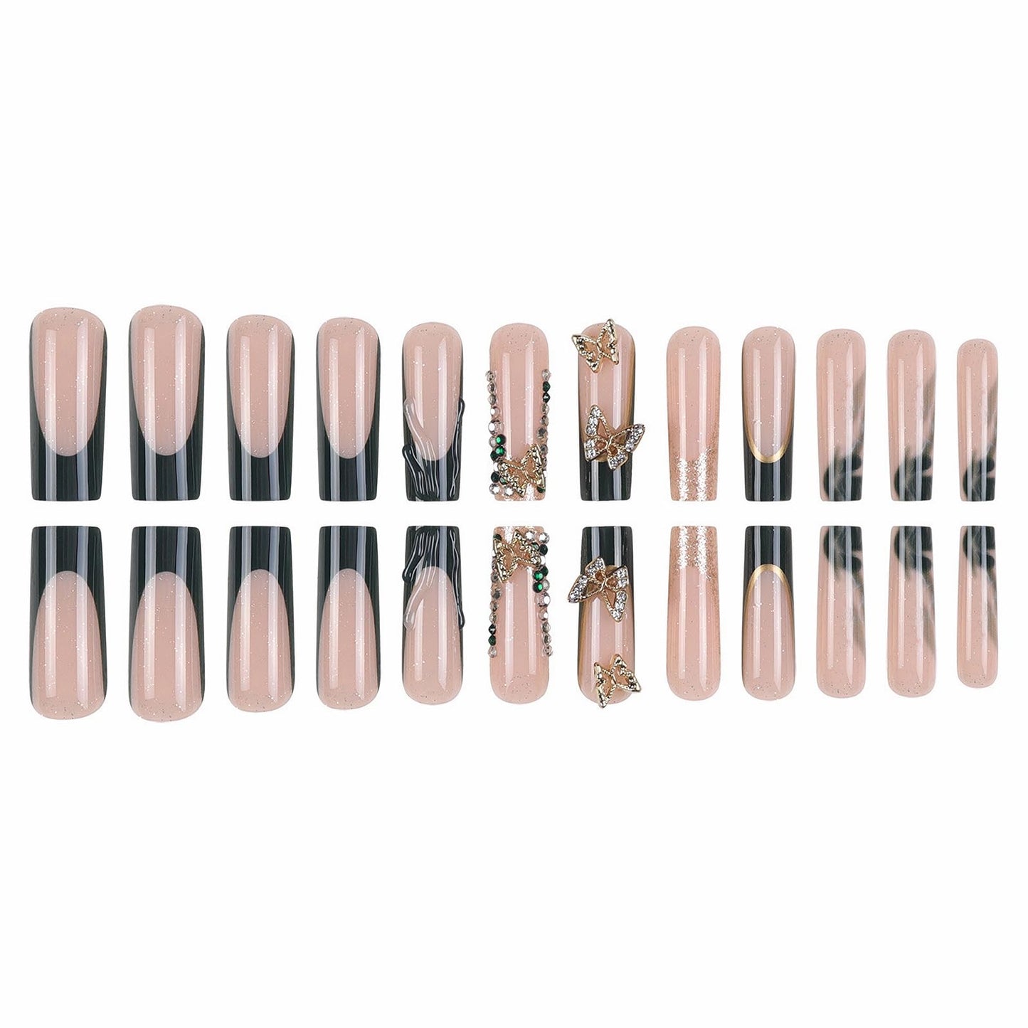 MISUD Press on Nails - Long Square Glue on Nails with Black French Tip, Acrylic Rhinestone Design 24 pcs