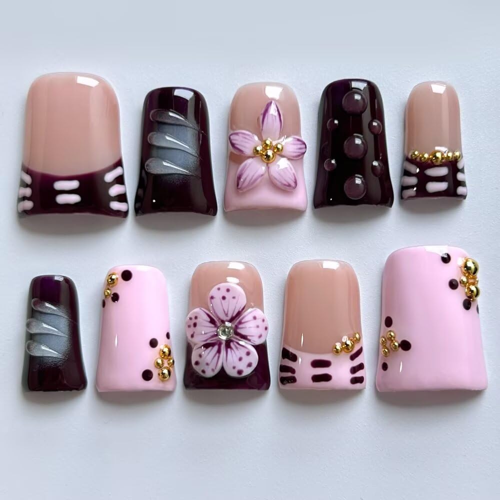 MAGLFELL Press On Nails, 10 Pcs Handmade French Purple Duckbill Fake Nails, Reusable Artificial Duckbill False Nails for Women 3D Acrylic Nails Kit (Size M)