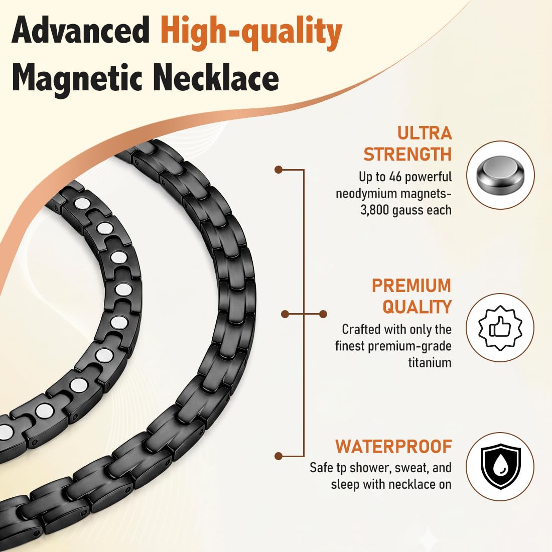 Vicmag Magnetic Titanium Necklace for Men & Women, Titanium Necklace Set with 4X Ultra Strength Magnets Ring, Adjustable Chain & Sizing Tool(Black)