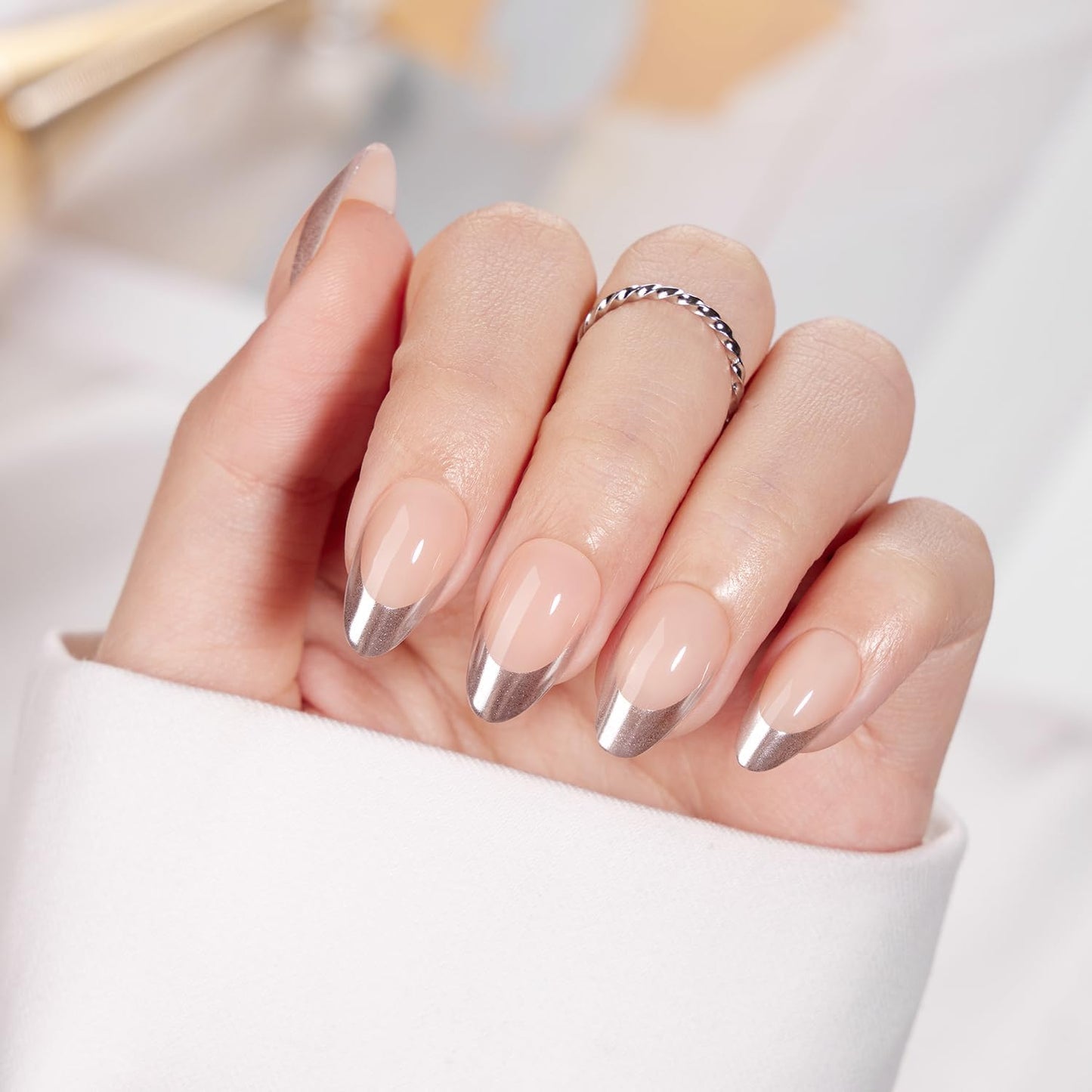 VSALON Almond Short Press on Nails, Silver Chrome Finish Glossy French Tip & Lamp