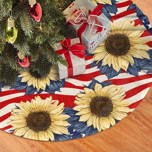 Flags with Sunflowers Christmas Tree Skirts 36", Xmas Tree Cloth Mats Trees Skirts for Decor Gift, Home Decoration