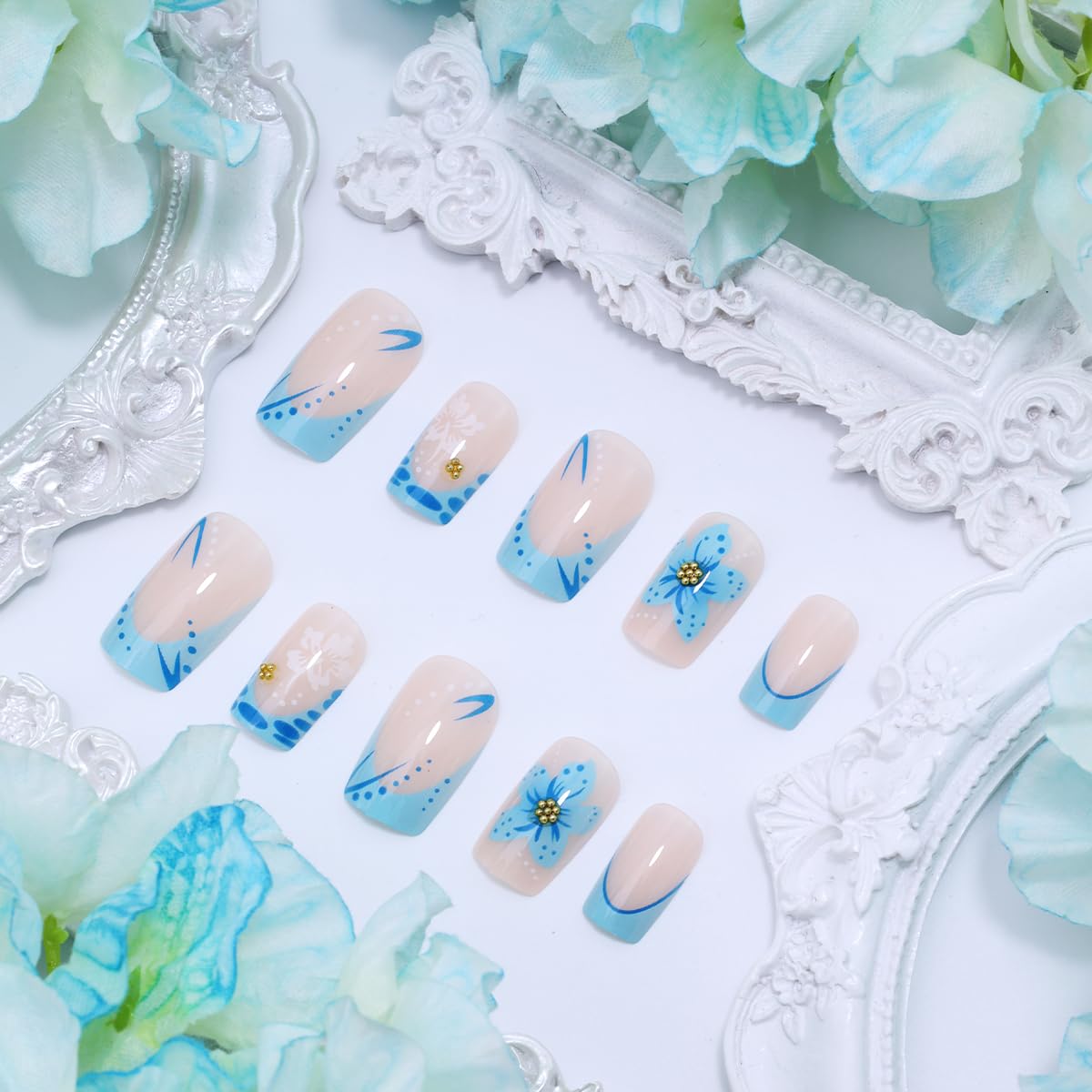 Blue Flower Press on Nails Short Square False Nails French Tip Fake Nails with Gold Beads Flower Design Spring Summer Glue on Nails Cute Acrylic Nails Glossy Artificial Stick on Nails for Women 24Pcs