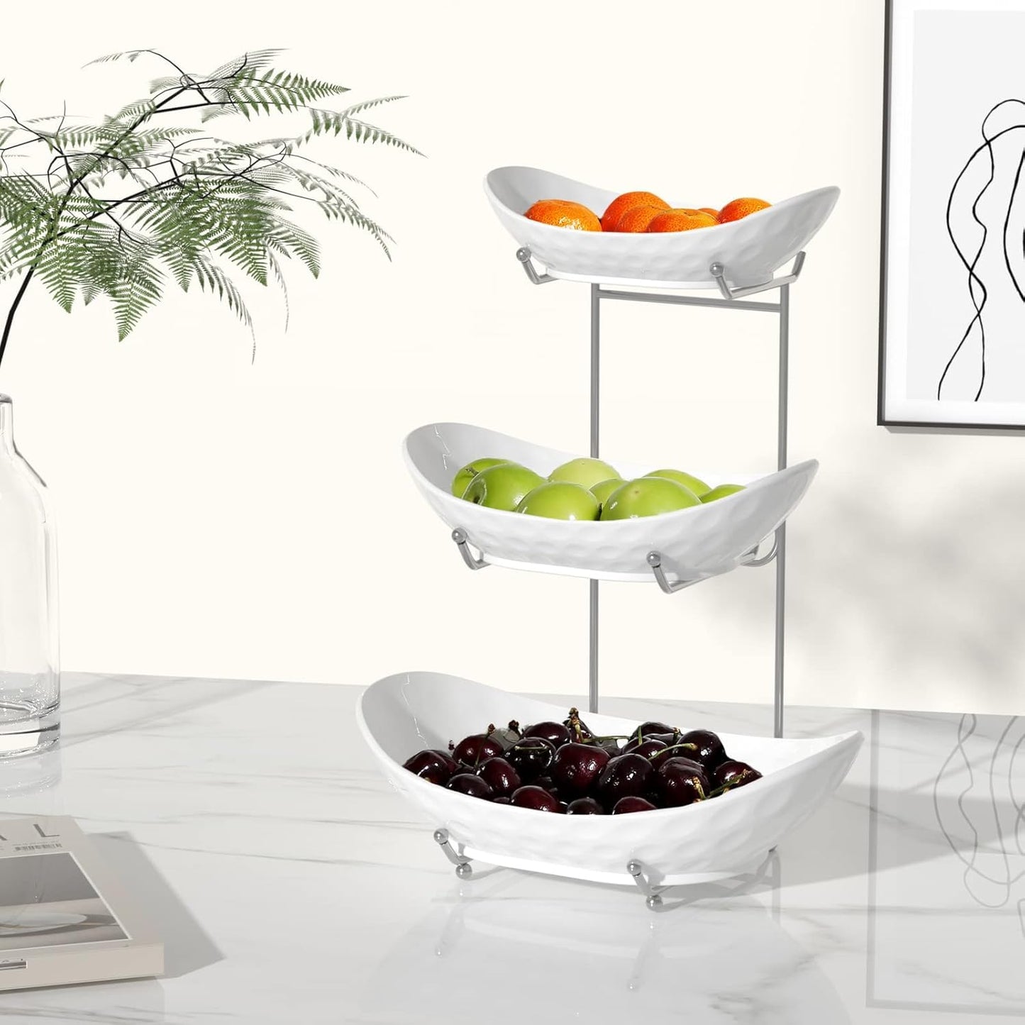 Acliys Fruit Bowl, 3 Tier Ceramic Fruit Basket, 3 Tier Serving Stand Serving Bowl with Metal Rack, Porcelain Kitchen Bowls for Fruit Vegetable Snack Nuts Dessert Cake Tray for Party Wedding