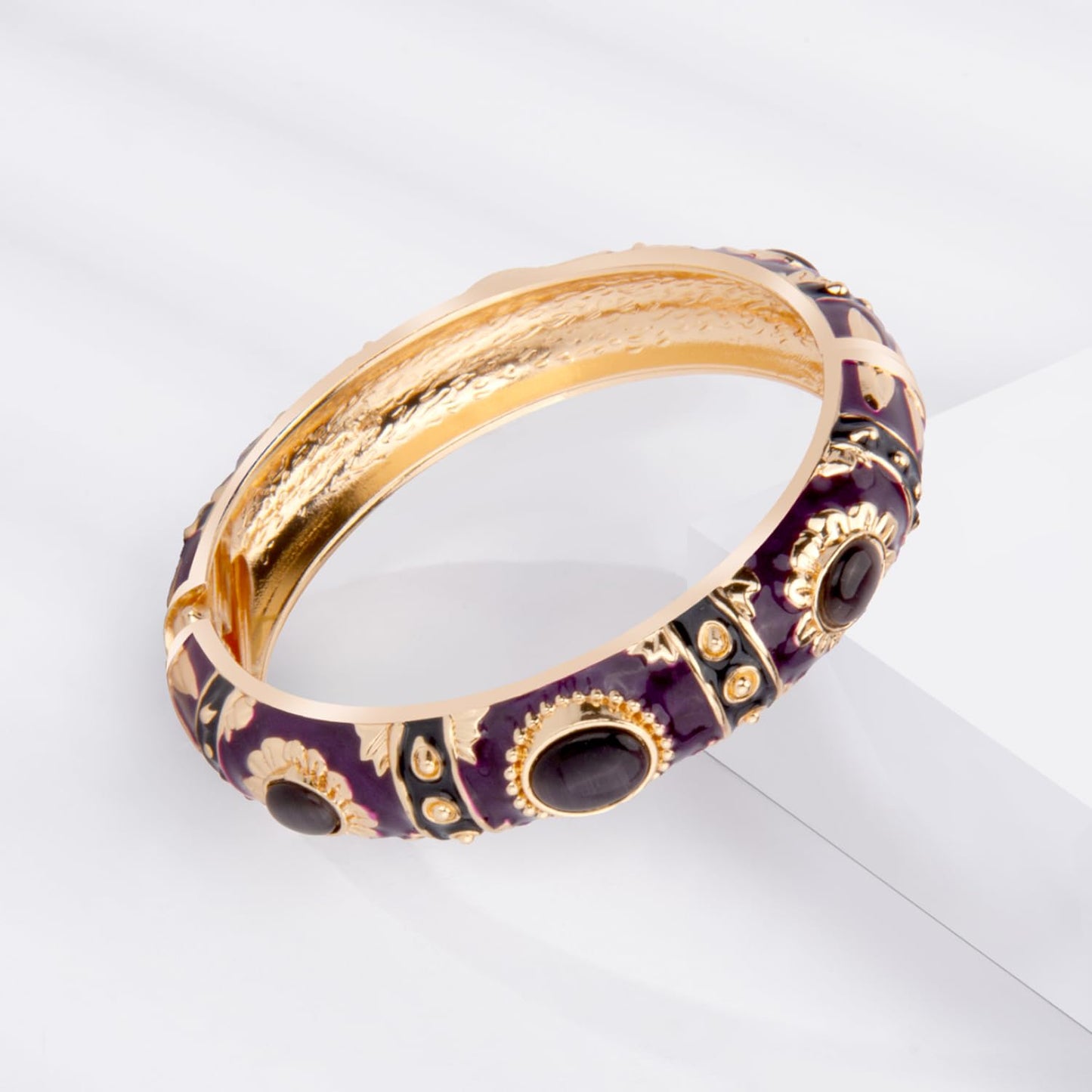 UJOY Vintage Cloisonne Jewelry Bracelet Plated Handmade Bead Rhinestones Enamel Spring Cuff Bangles 2 Pcs Set for Womens Gift 7735-55A108 pueple Black
