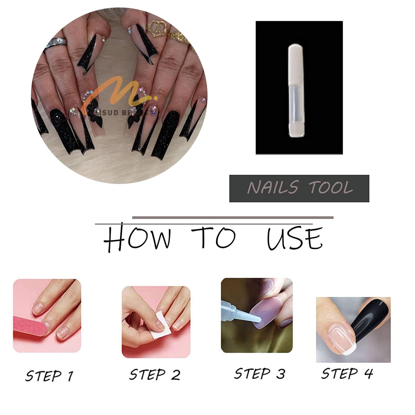 MISUD Press on Nails - Long Square Glue on Nails with Black French Tip, Acrylic Flower Rhinestone Design 24 pcs