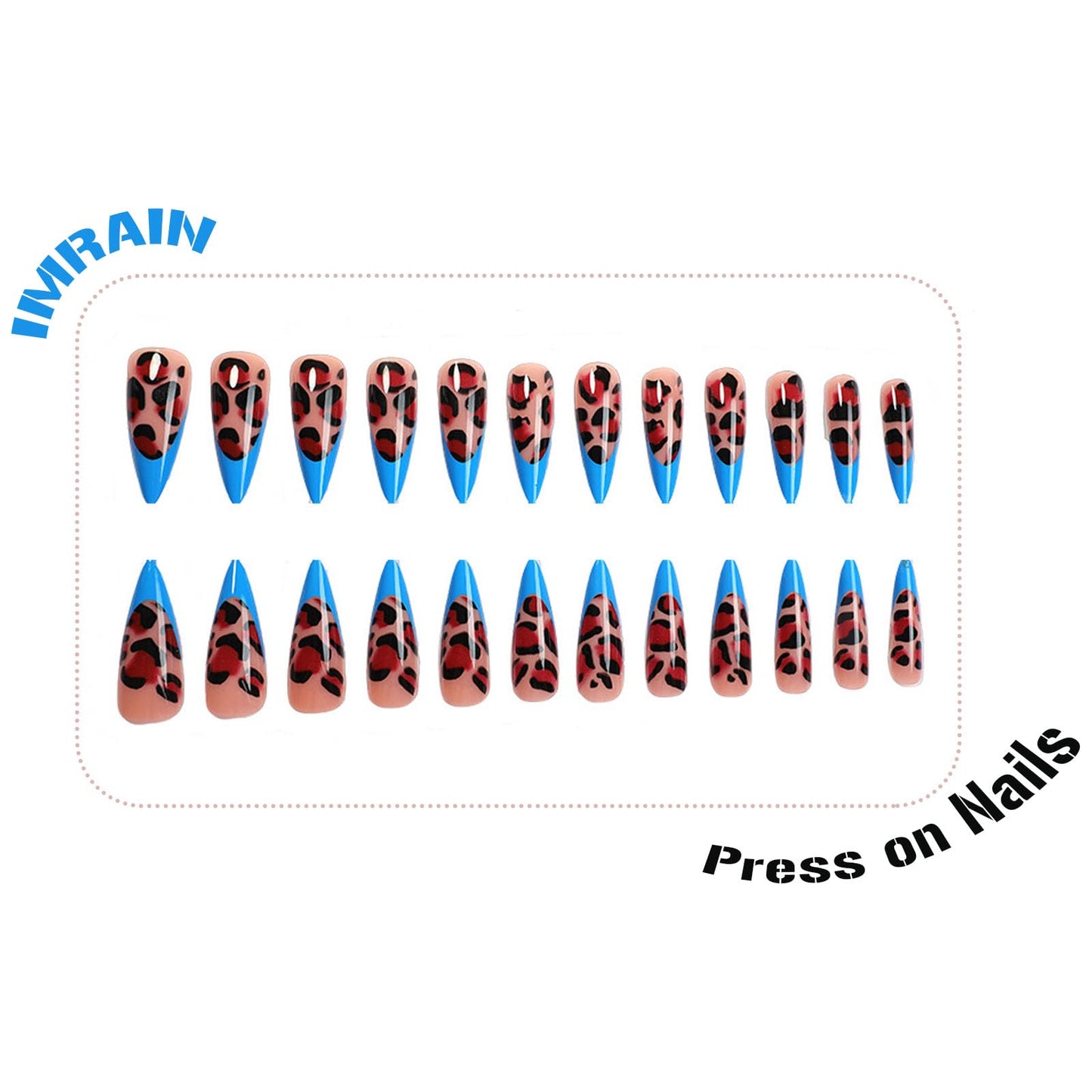IMRAIN Press on Nails Long Stiletto Fake Nails Brown Leopard Print Acrylic False Nails with Blue French Nail Tips Designs Full Cover Glossy Acrylic Glue on Nails 24Pcs