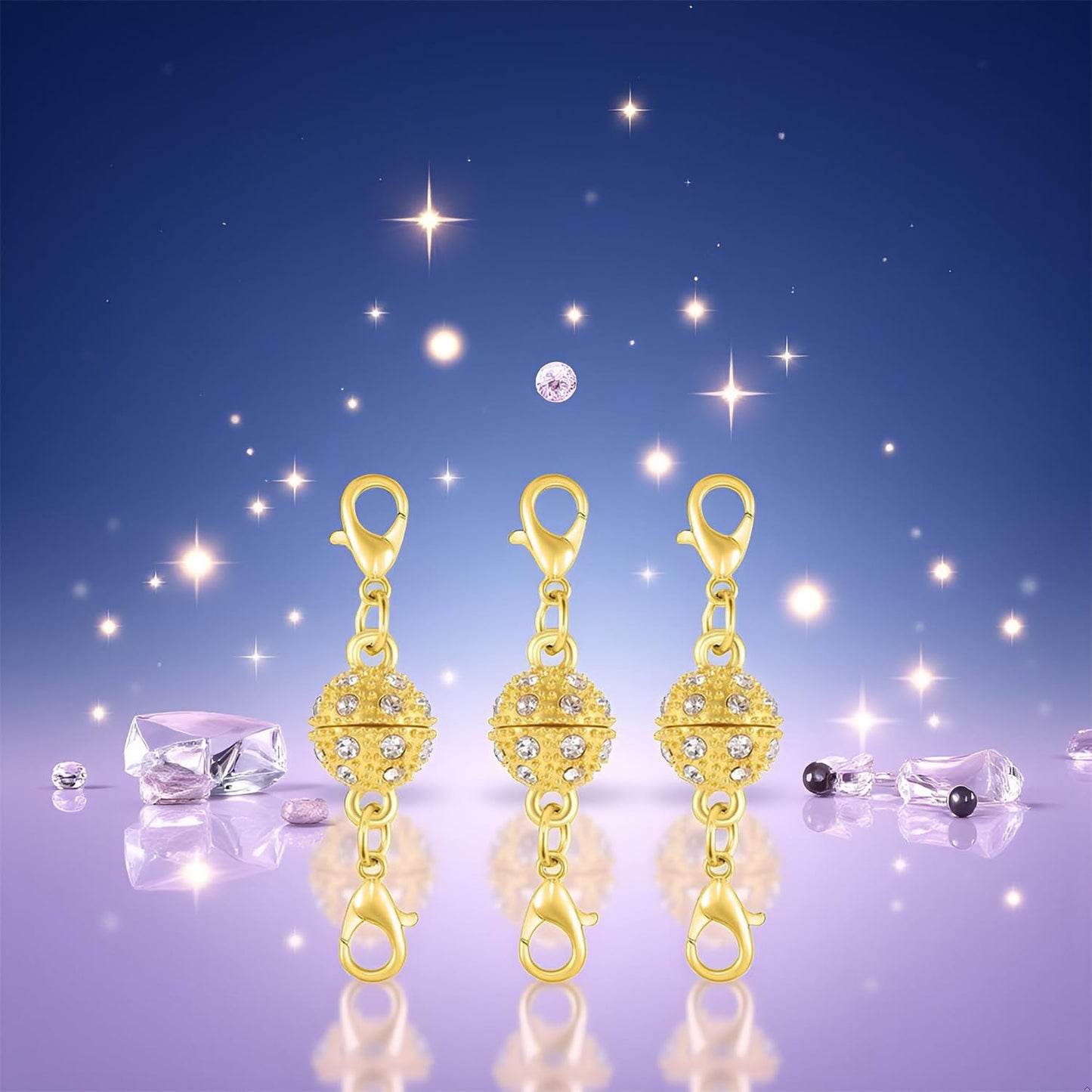 Magnetic Necklace Clasps, 18K Gold and Silver, Crystal Rhinestone Ball Connector with Lobster Clasp, Jewelry Extender for Necklaces, Bracelets (3pcs Silvery)