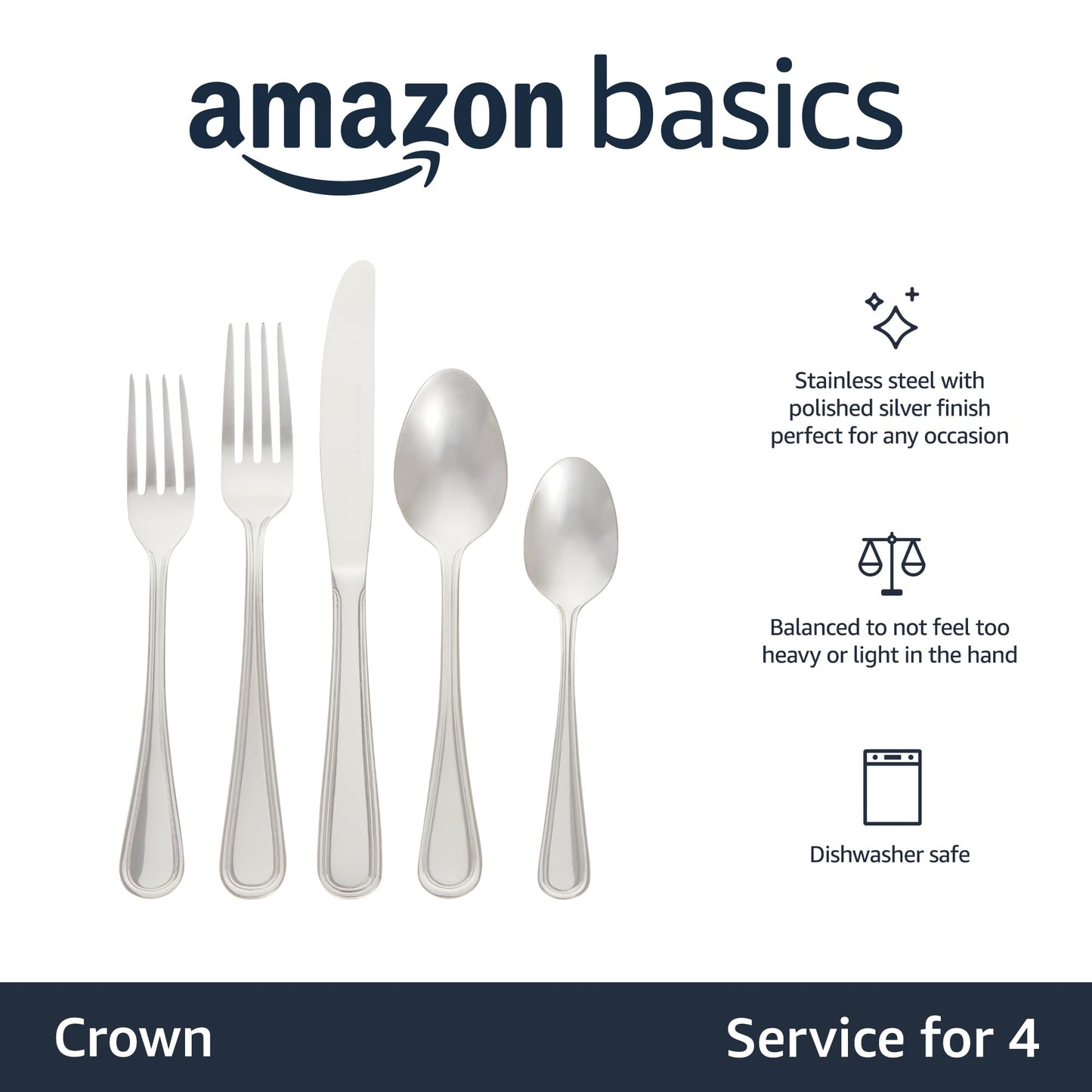 Amazon Basics Silverware Set, Stainless Steel Flatware, Dishwasher Safe, Service for 4, 20-Piece Forks and Spoons, Crown Edge, Everyday Use