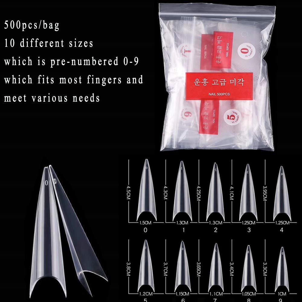 600pcs Stiletto Nail Tips Long Shape Clear Half Cover False Nail Art Tips ，DIY Nail Salon Art 10 Size with Bag