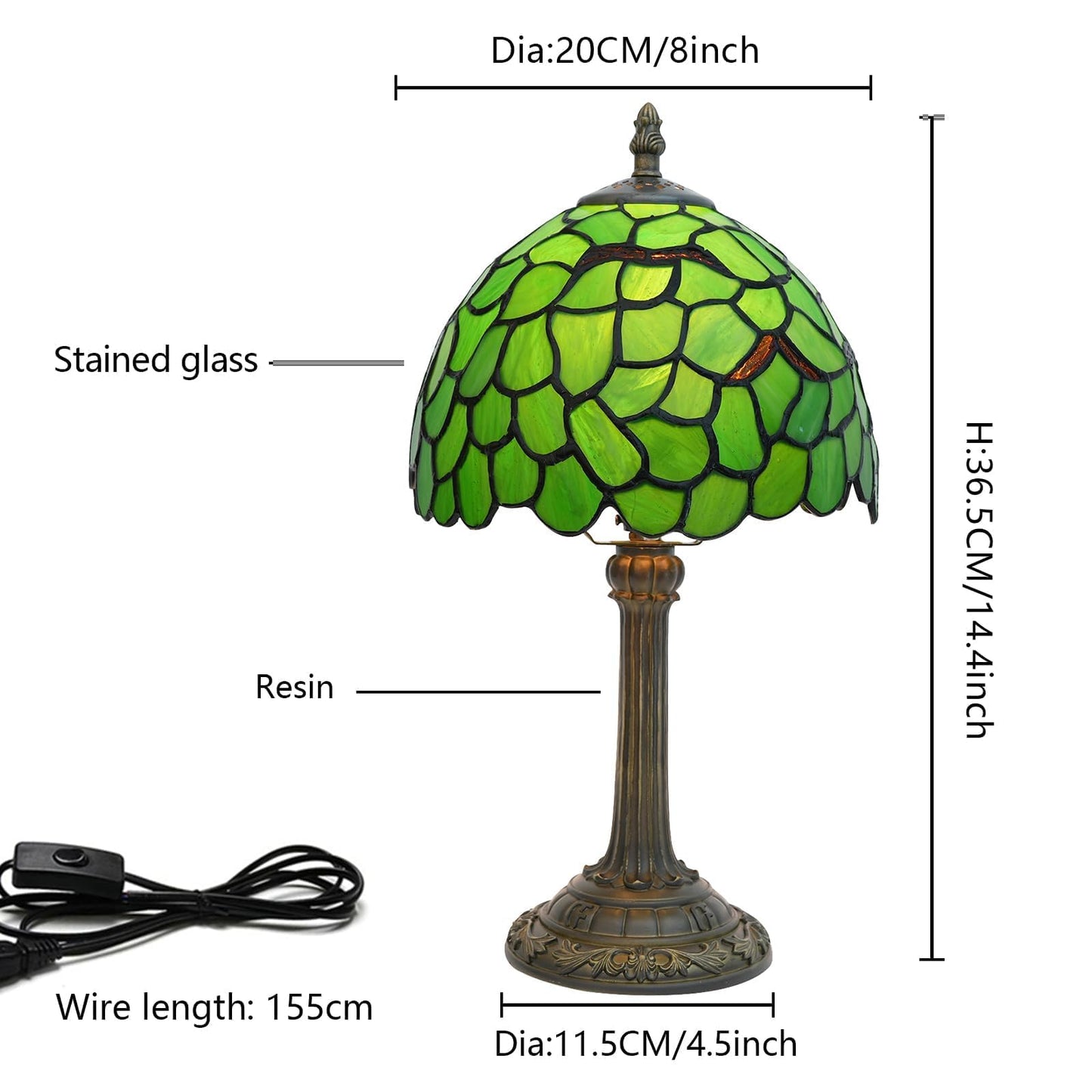 wecrejoni Tiffany Lamp Stained Glass Table Lamp 8X8X14 Inches Desk Reading Light Decor Beside Bedroom Living Room Home (H-1056- Green Leaf)