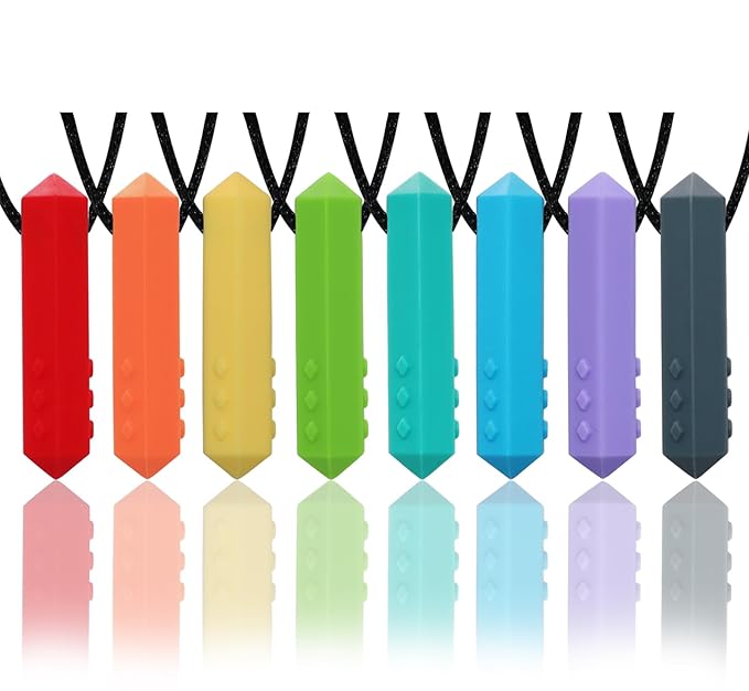 Chew Necklaces for Sensory Kids, 8 Pack Chewy Necklace Sensory Boys and Girls with Autism, ADHD, SPD, Biting, Silicone Teething Necklace Oral Chew Toys for Adults Reduce Chewing Anxiety Fidget