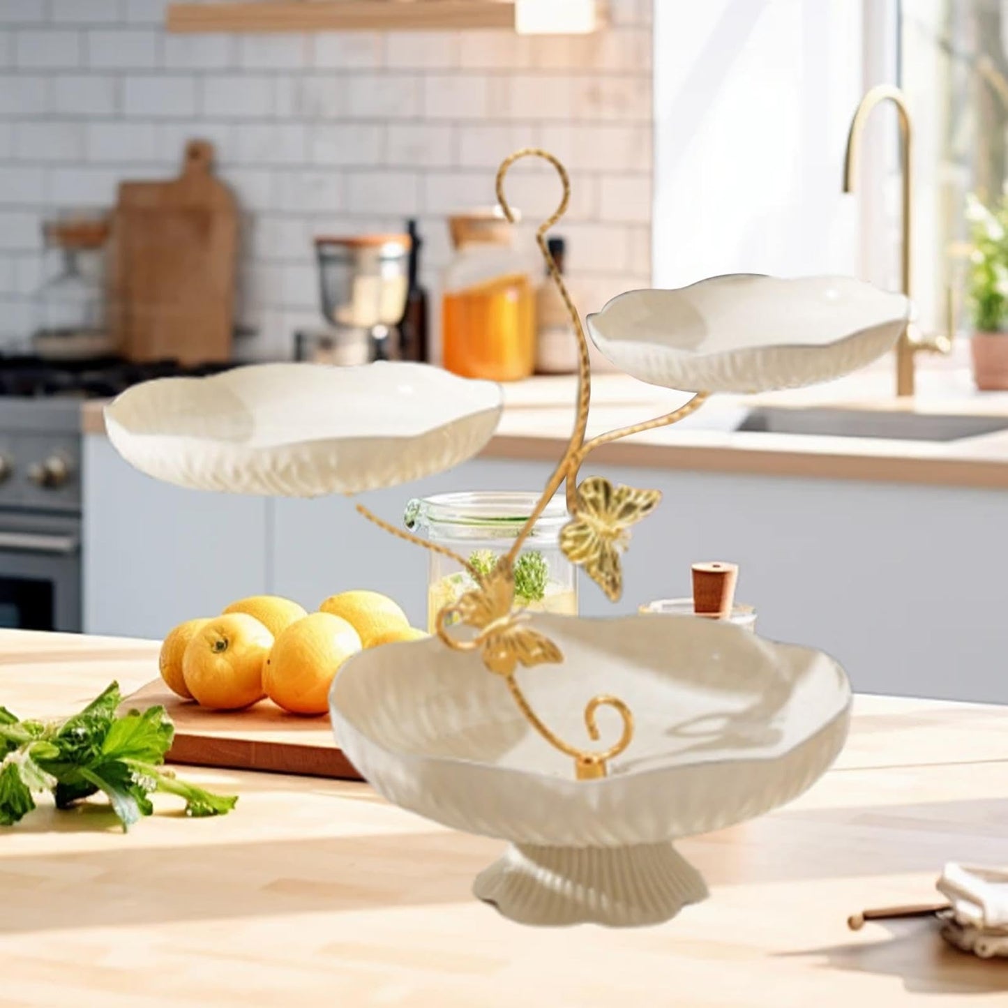 3-Layer Fruit Bowl, Storage Stand for Kitchen Counter, Fruit and Dessert Display, White