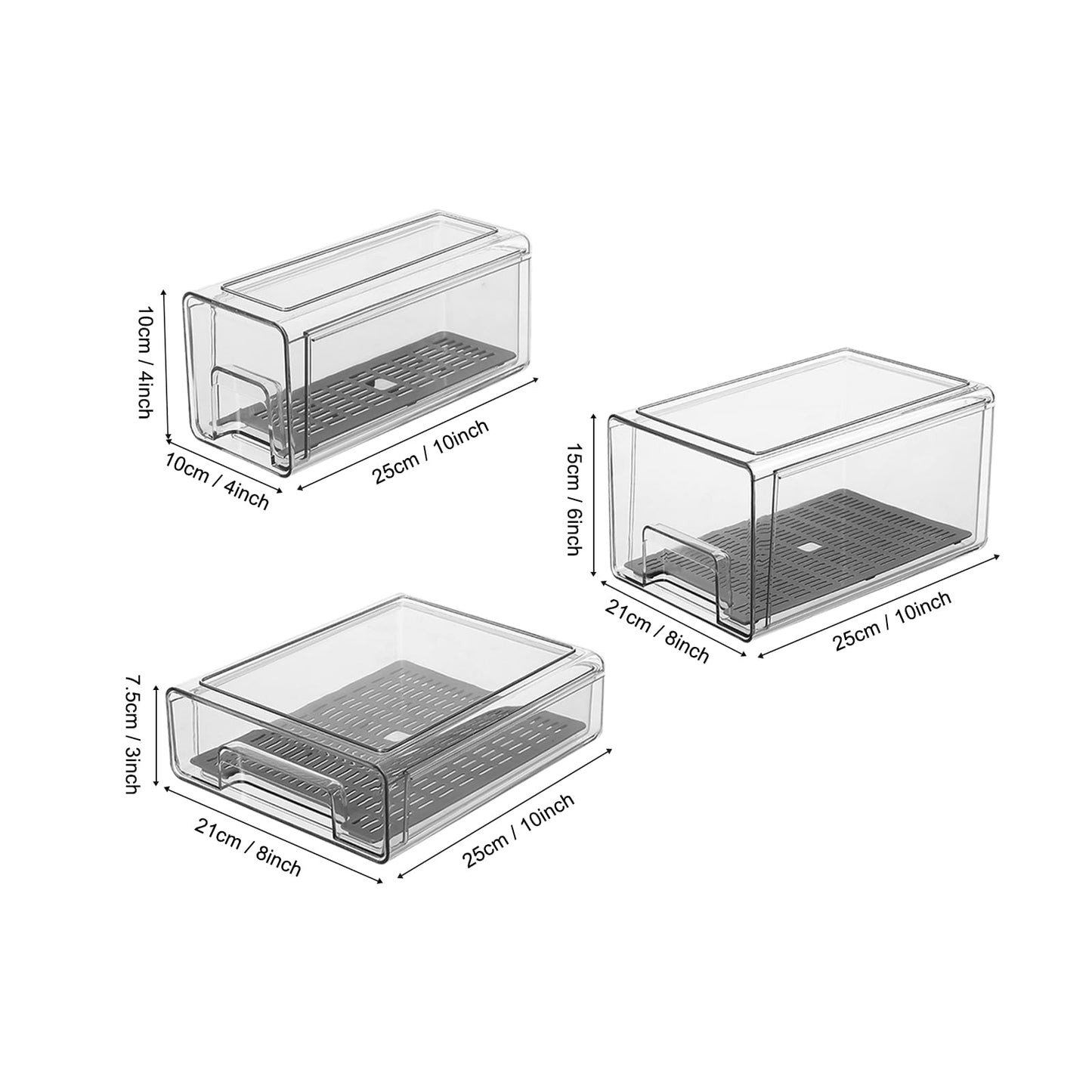 Bronkeeper Pull Out Clear Fridge Organizer Drawers with Drainer, Refrigerator Stackable Storage Bins for Kitchen Fruit & Veggie Organization (Complete Set)