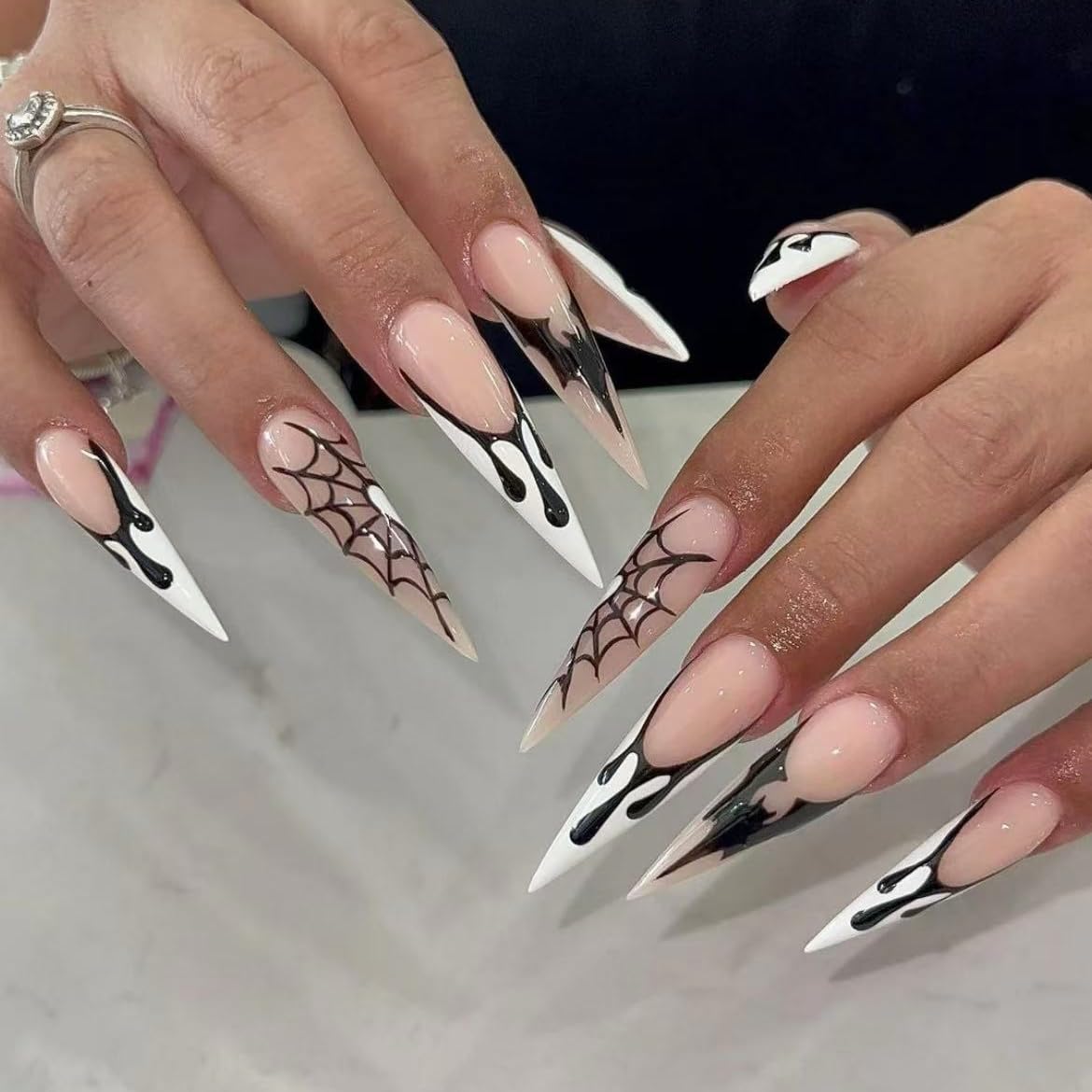 10Pcs Handmade Nails Press On, Long almond Glossy Halloween Coffin Press on Nails, White & Black with spider web, Reusable Quality Fake Nails (MT-148-M)
