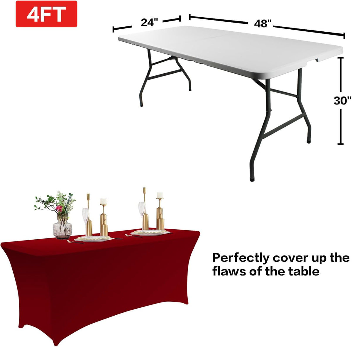 IVAPUPU 2 Pack 4FT Table Cloth for Rectangular Fitted Events Stretch Burgundy Table Covers Washable Spandex Tablecloth Protector for Party, Wedding, Cocktail, Banquet, Festival