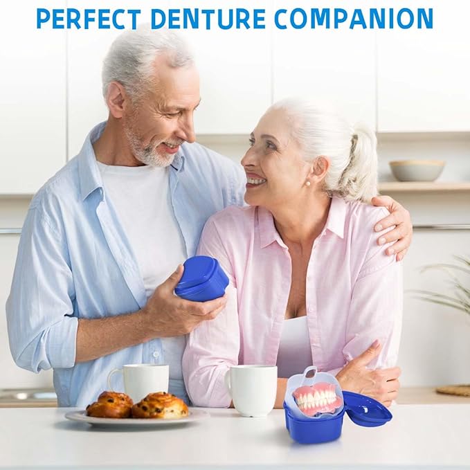 Blue Denture Bath Case Cup Box Holder Storage Soak Container with Strainer Basket for Travel Cleaning