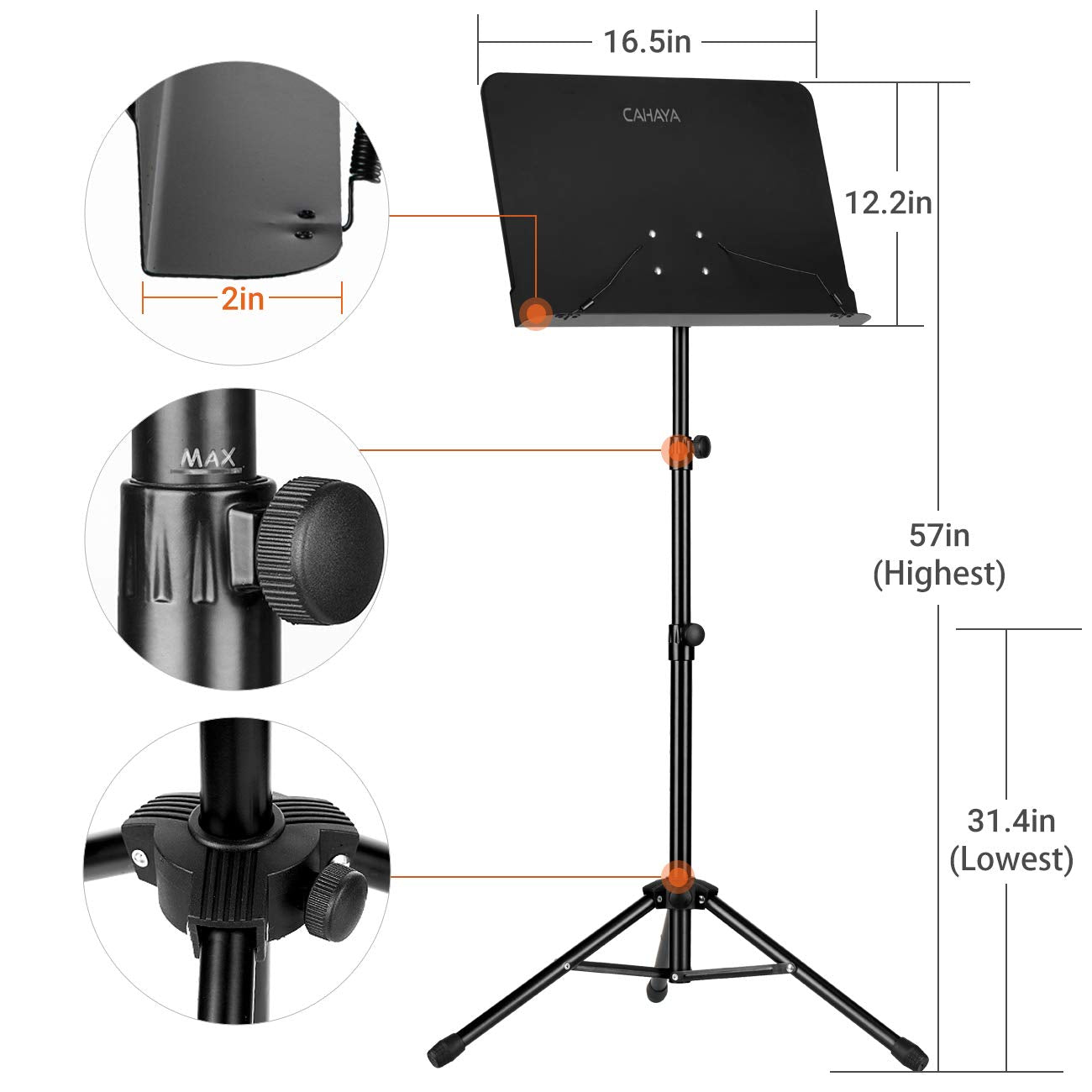 CAHAYA Music Stand for Sheet Music - Dual-use Converts to Desktop Stand Portable& Foldable 31.4-57in Height Adjustable Sturdy to Holds Thick Book or Tablet Include Carrying Bag Sheet Music Folder Clip